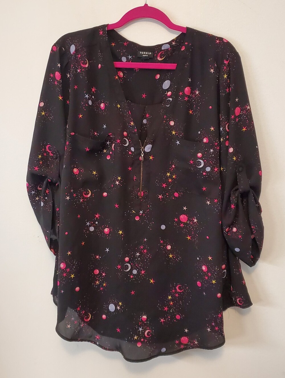 Torrid zip front pullover blouse with galaxy print Size 3X